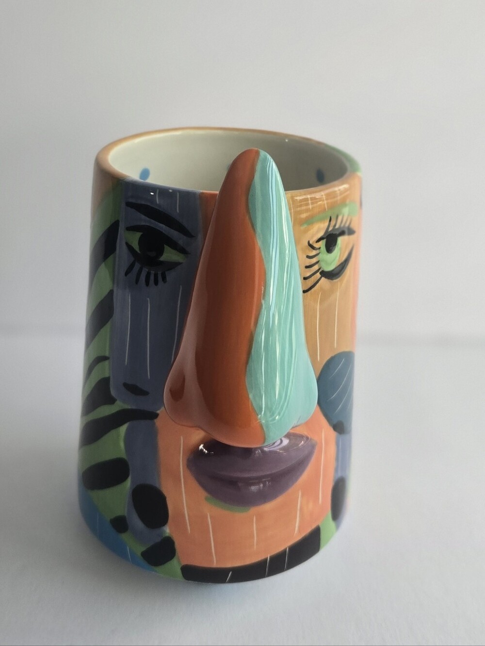 Hand-Painted Abstract Face Ceramic Mug in Orange and Teal